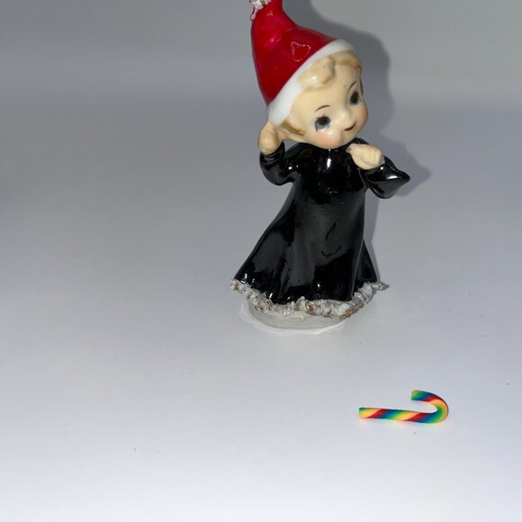 Vintage Dancing Angel Pixie Elf Santa Helper Ceramic Pixie Black Gown Candy Cane - Picture 11 of 13